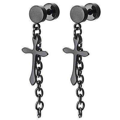 Pair Men Women Black Steel Circle Barbell Stud Earrings with Dangling Cross Long Chain, Screw Back - coolsteelandbeyond