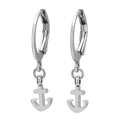 Pair Men Women Huggie Hinged Hoop Earrings with Dangling Marine Anchor in Stainless Steel - COOLSTEELANDBEYOND Jewelry