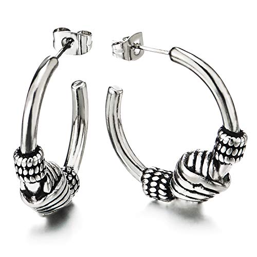 Pair Men Women Stainless Steel Half Open Hoop Huggie Hinged Stud Earrings with Vintage Knot Charm - COOLSTEELANDBEYOND Jewelry