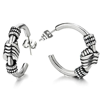 Pair Men Women Stainless Steel Half Open Hoop Huggie Hinged Stud Earrings with Vintage Knot Charm - COOLSTEELANDBEYOND Jewelry