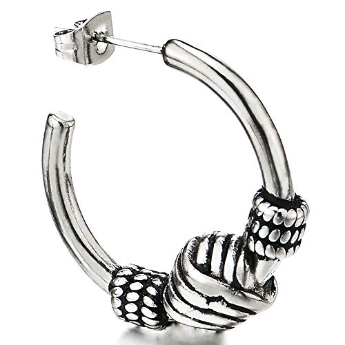 Pair Men Women Stainless Steel Half Open Hoop Huggie Hinged Stud Earrings with Vintage Knot Charm - COOLSTEELANDBEYOND Jewelry