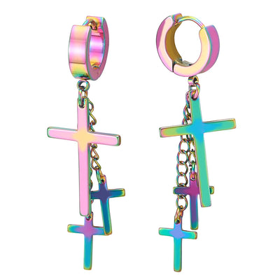 Pair Men Women Stainless Steel Oxidized Rainbow Huggie Hinged Hoop Earrings with Long Dangle Cross - COOLSTEELANDBEYOND Jewelry