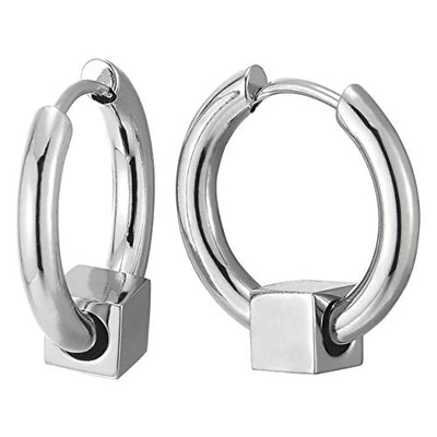 Pair Men Women Stainless Steel Plain Circle Huggie Hinged Hoop Earrings with Cube Charm - coolsteelandbeyond