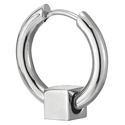 Pair Men Women Stainless Steel Plain Circle Huggie Hinged Hoop Earrings with Cube Charm - coolsteelandbeyond