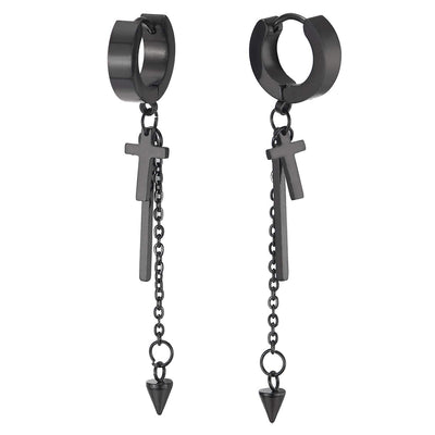 Pair Men Women Steel Huggie Hinged Hoop Earrings with Long Chain Dangle Cone Cross and Stick - COOLSTEELANDBEYOND Jewelry