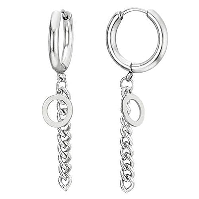 Pair Men Womens Steel Huggie Hinged Hoop Earrings with Dangling Curb Chain and Open Circle - coolsteelandbeyond