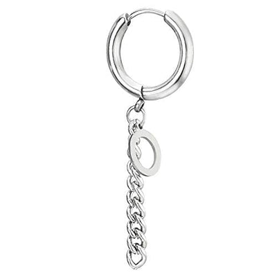 Pair Men Womens Steel Huggie Hinged Hoop Earrings with Dangling Curb Chain and Open Circle - coolsteelandbeyond