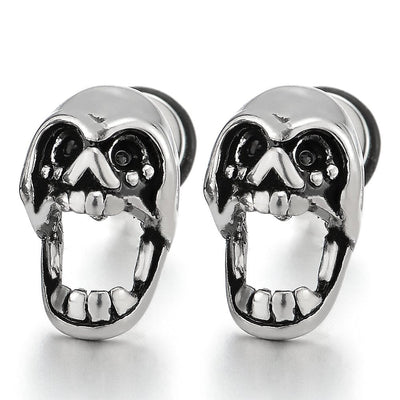 Pair Mens Boys Roaring Skull Stud Earrings in Stainless Steel, Punk Rock Biker, Screw Back - COOLSTEELANDBEYOND Jewelry