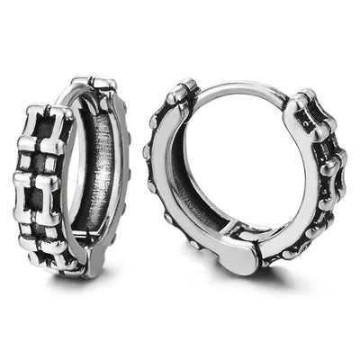 Pair Mens Huggie Hinged Hoop Earrings Stainless Steel with Vintage Link Chain - COOLSTEELANDBEYOND Jewelry