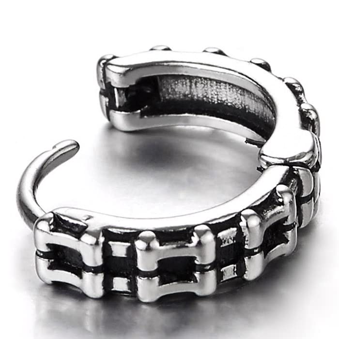 Pair Mens Huggie Hinged Hoop Earrings Stainless Steel with Vintage Link Chain - COOLSTEELANDBEYOND Jewelry