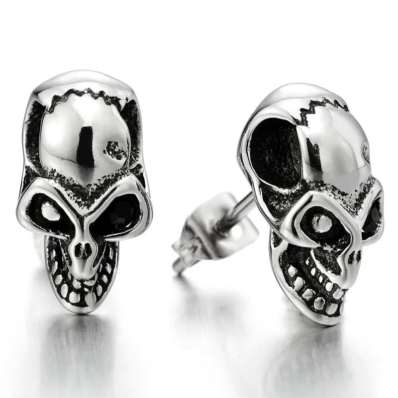 Pair Mens Stainless Steel Crack Skull Stud Earrings with Cubic Zirconia, Gothic Punk Biker - coolsteelandbeyond