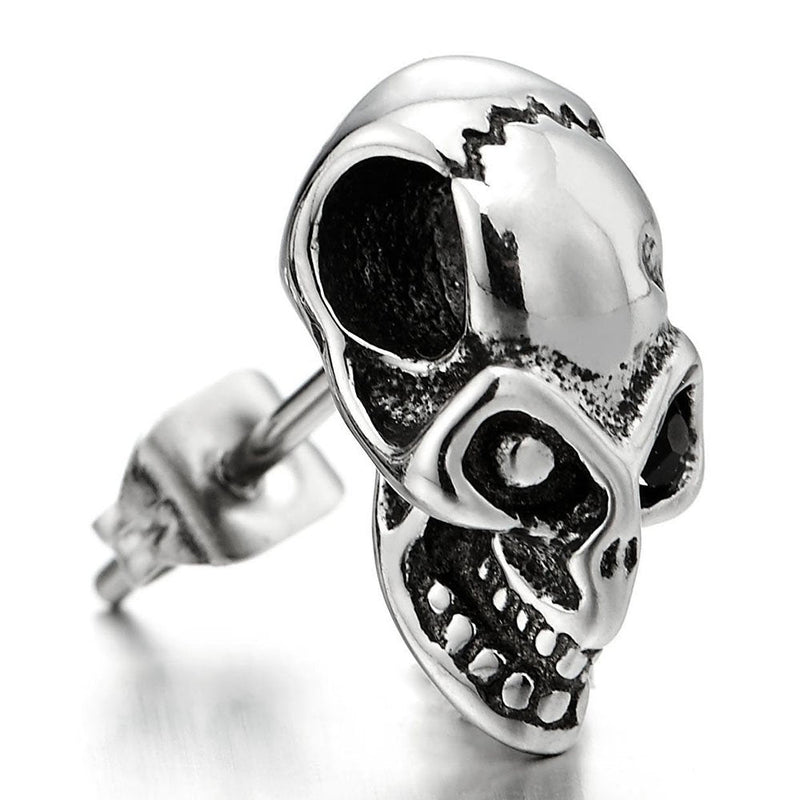 Pair Mens Stainless Steel Crack Skull Stud Earrings with Cubic Zirconia, Gothic Punk Biker - coolsteelandbeyond