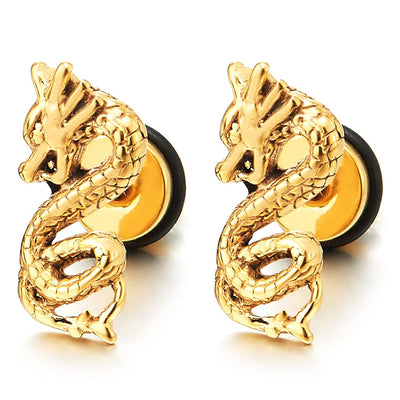 Pair Mens Stainless Steel Gold Color Dragon Stud Earrings, Screw Back - COOLSTEELANDBEYOND Jewelry