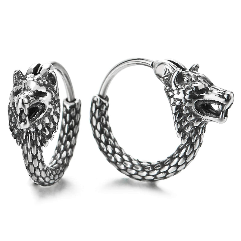 Pair Mens Steel Vintage Snake Scales Pattern Circle Huggie Hinged Hoop Earrings with Wolf Head - COOLSTEELANDBEYOND Jewelry
