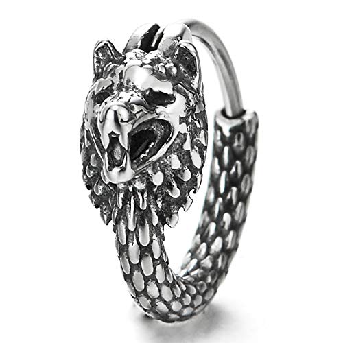 Pair Mens Steel Vintage Snake Scales Pattern Circle Huggie Hinged Hoop Earrings with Wolf Head - COOLSTEELANDBEYOND Jewelry