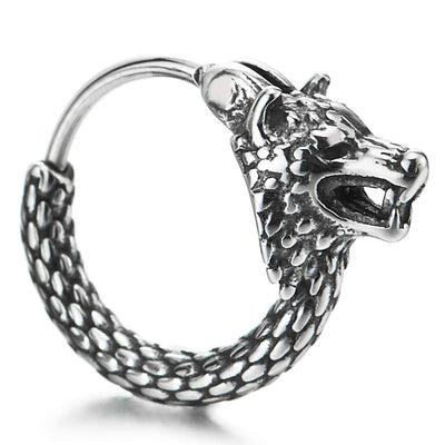 Pair Mens Steel Vintage Snake Scales Pattern Circle Huggie Hinged Hoop Earrings with Wolf Head - COOLSTEELANDBEYOND Jewelry