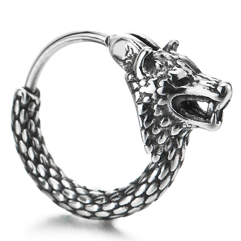 Pair Mens Steel Vintage Snake Scales Pattern Circle Huggie Hinged Hoop Earrings with Wolf Head - COOLSTEELANDBEYOND Jewelry