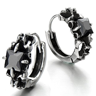 Pair Mens Vintage Huggie Hinged Hoop Earrings Stainless Steel with Black Square Cubic Zirconia - coolsteelandbeyond