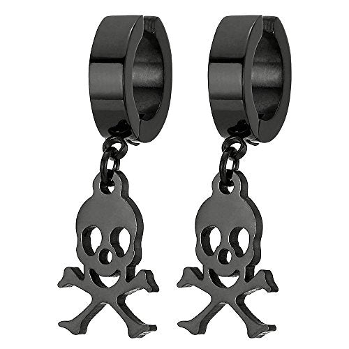 Pair Mens Women Black Steel Clip On Huggie Hinged Hoop Earring with Pirate Skull Non-Piercing Earring - coolsteelandbeyond