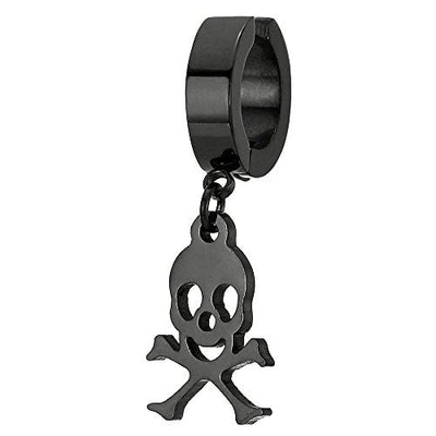 Pair Mens Women Black Steel Clip On Huggie Hinged Hoop Earring with Pirate Skull Non-Piercing Earring - coolsteelandbeyond