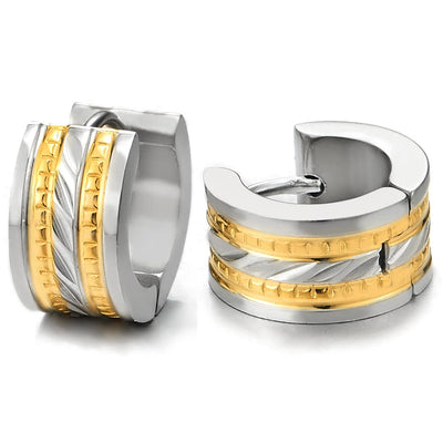 Pair Mens Women Huggie Hinged Hoop Earrings of Stainless Steel Gold Silver Two-tone - COOLSTEELANDBEYOND Jewelry