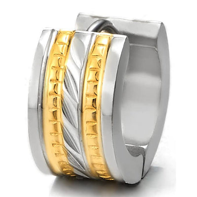 Pair Mens Women Huggie Hinged Hoop Earrings of Stainless Steel Gold Silver Two-tone - COOLSTEELANDBEYOND Jewelry