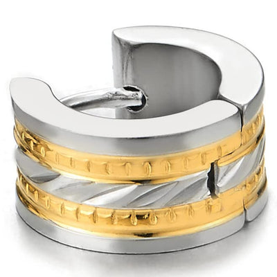 Pair Mens Women Huggie Hinged Hoop Earrings of Stainless Steel Gold Silver Two-tone - COOLSTEELANDBEYOND Jewelry
