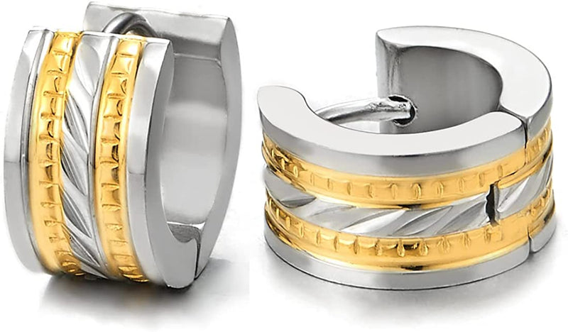 Pair Mens Women Huggie Hinged Hoop Earrings of Stainless Steel Gold Silver Two-tone - COOLSTEELANDBEYOND Jewelry