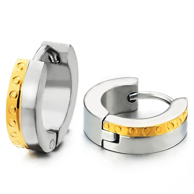 Pair Mens Women Silver Gold Stainless Steel Huggie Hinged Hoop Earrings with Circle Dots - COOLSTEELANDBEYOND Jewelry