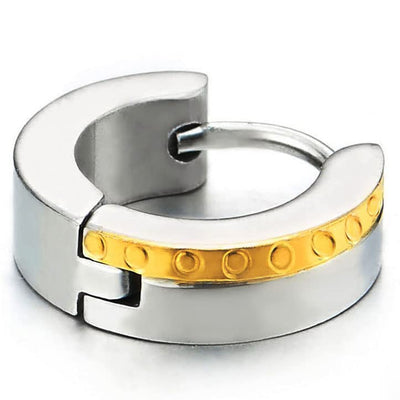 Pair Mens Women Silver Gold Stainless Steel Huggie Hinged Hoop Earrings with Circle Dots - COOLSTEELANDBEYOND Jewelry