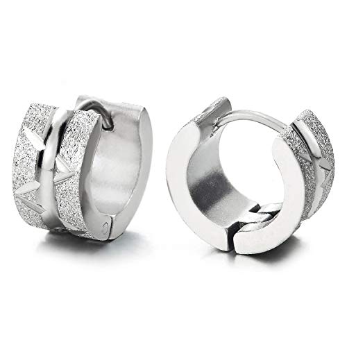 Pair Mens Women Stainless Steel Huggie Hinged Hoop Earrings with Grooved Stripes, Polished and Satin - coolsteelandbeyond