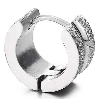 Pair Mens Women Stainless Steel Huggie Hinged Hoop Earrings with Grooved Stripes, Polished and Satin - coolsteelandbeyond