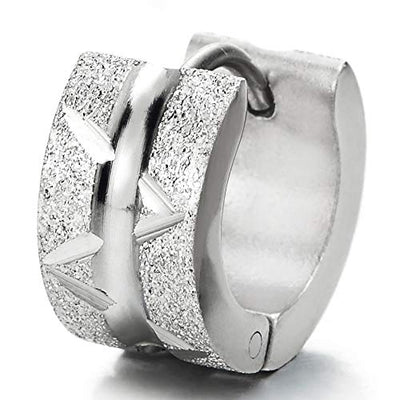 Pair Mens Women Stainless Steel Huggie Hinged Hoop Earrings with Grooved Stripes, Polished and Satin - coolsteelandbeyond