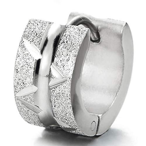 Pair Mens Women Stainless Steel Huggie Hinged Hoop Earrings with Grooved Stripes, Polished and Satin - coolsteelandbeyond