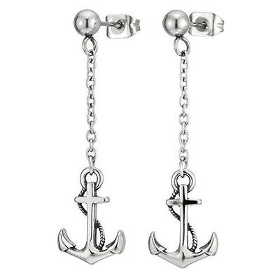 Pair Mens Women Stainless Steel Stud Earrings with Long Dangling Chain and Marine Anchor - coolsteelandbeyond