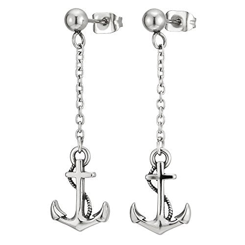 Pair Mens Women Stainless Steel Stud Earrings with Long Dangling Chain and Marine Anchor - coolsteelandbeyond