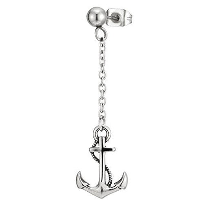 Pair Mens Women Stainless Steel Stud Earrings with Long Dangling Chain and Marine Anchor - coolsteelandbeyond
