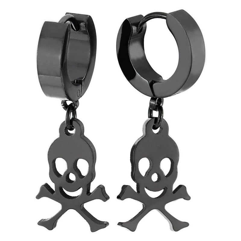 Pair Mens Womens Black Stainless Steel Huggie Hinged Hoop Earrings with Dangling Pirate Skull - COOLSTEELANDBEYOND Jewelry