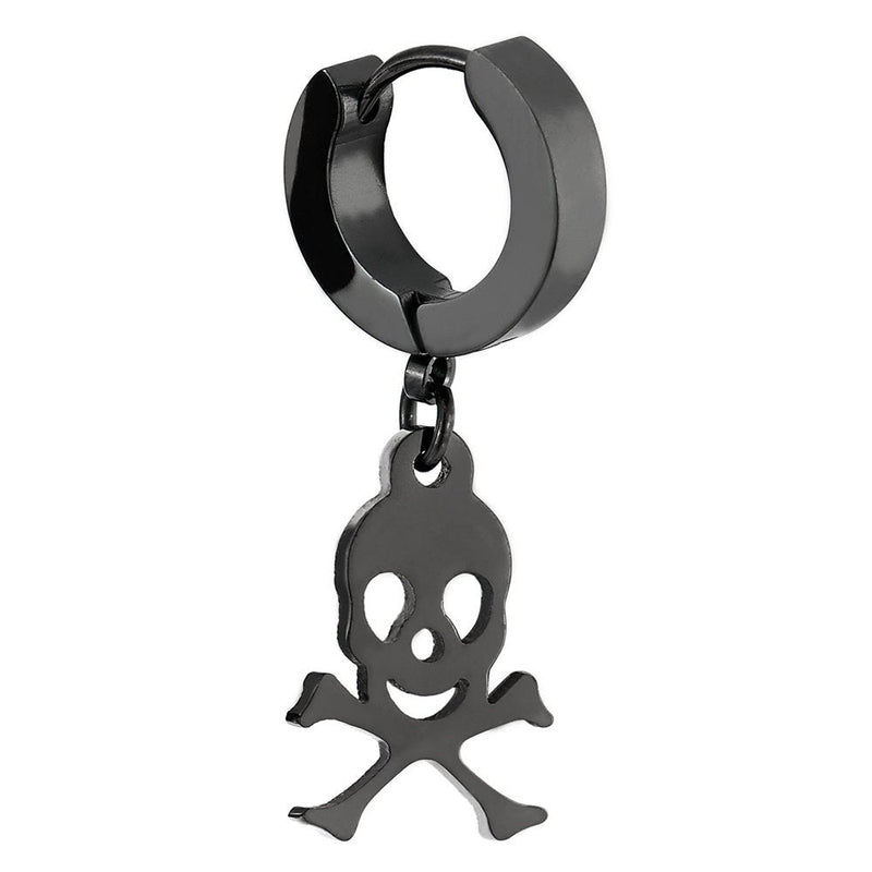 Pair Mens Womens Black Stainless Steel Huggie Hinged Hoop Earrings with Dangling Pirate Skull - COOLSTEELANDBEYOND Jewelry