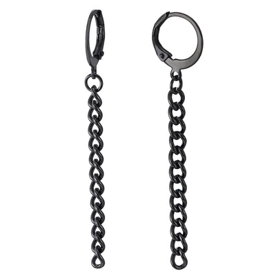 Pair Mens Womens Black Stainless Steel Huggie Hinged Hoop Earrings with Long Dangle Chain - COOLSTEELANDBEYOND Jewelry