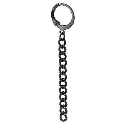 Pair Mens Womens Black Stainless Steel Huggie Hinged Hoop Earrings with Long Dangle Chain - COOLSTEELANDBEYOND Jewelry