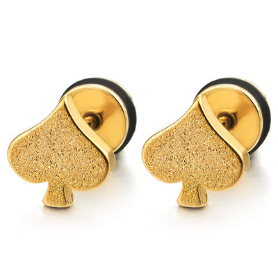 Pair Mens Womens Gold Satin Spade Stud Earrings Stainless Steel, Screw Back, Unique - COOLSTEELANDBEYOND Jewelry