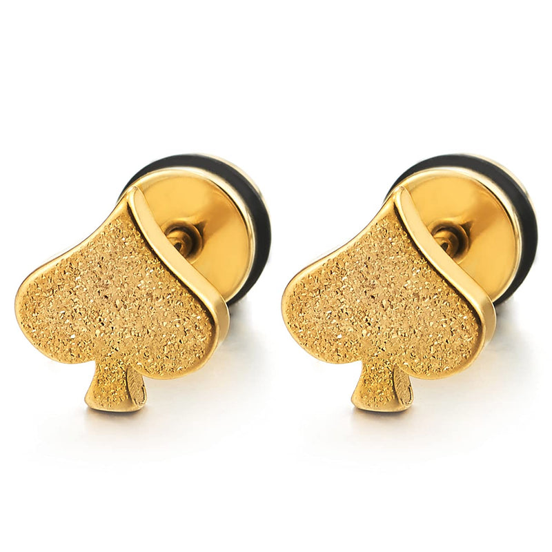 Pair Mens Womens Gold Satin Spade Stud Earrings Stainless Steel, Screw Back, Unique - COOLSTEELANDBEYOND Jewelry