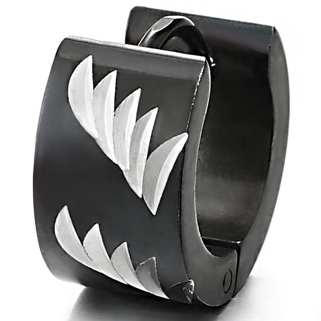 Pair Mens Womens Stainless Steel Black Huggie Hinged Hoop Earrings with Grooved Laser Pattern - COOLSTEELANDBEYOND Jewelry