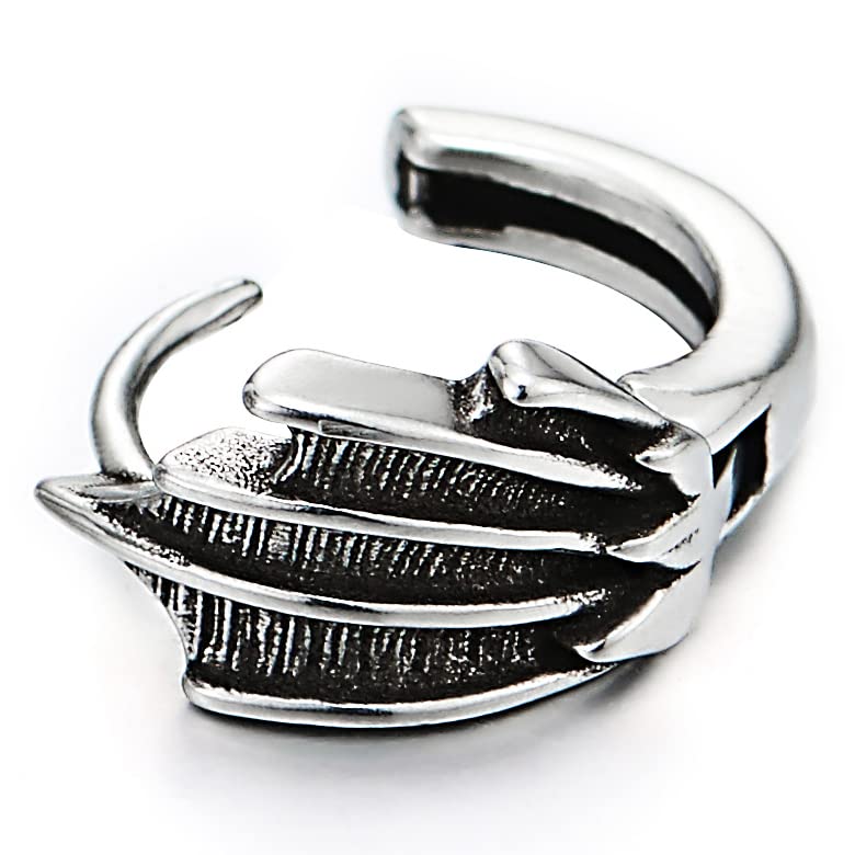 Pair Mens Womens Stainless Steel Feather Wing Huggie Hinged Hoop Earrings - COOLSTEELANDBEYOND Jewelry
