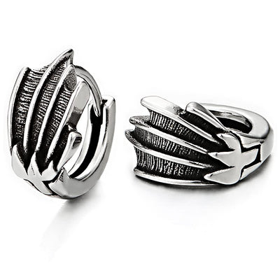 Pair Mens Womens Stainless Steel Feather Wing Huggie Hinged Hoop Earrings - COOLSTEELANDBEYOND Jewelry