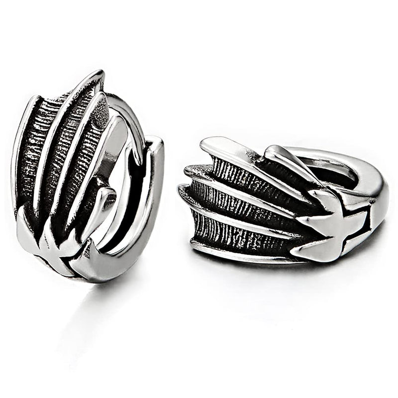 Pair Mens Womens Stainless Steel Feather Wing Huggie Hinged Hoop Earrings - COOLSTEELANDBEYOND Jewelry
