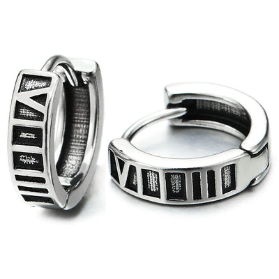 Pair Mens Womens Stainless Steel Grooved Huggie Hinged Hoop Earrings with Roman Numerals - COOLSTEELANDBEYOND Jewelry