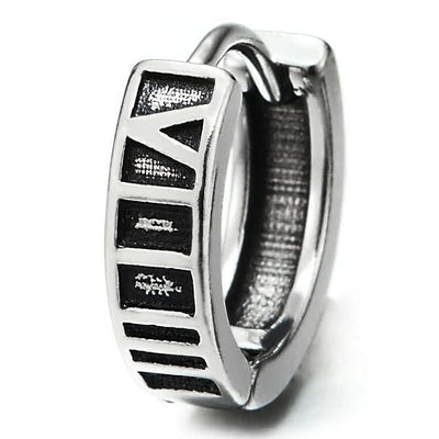 Pair Mens Womens Stainless Steel Grooved Huggie Hinged Hoop Earrings with Roman Numerals - COOLSTEELANDBEYOND Jewelry