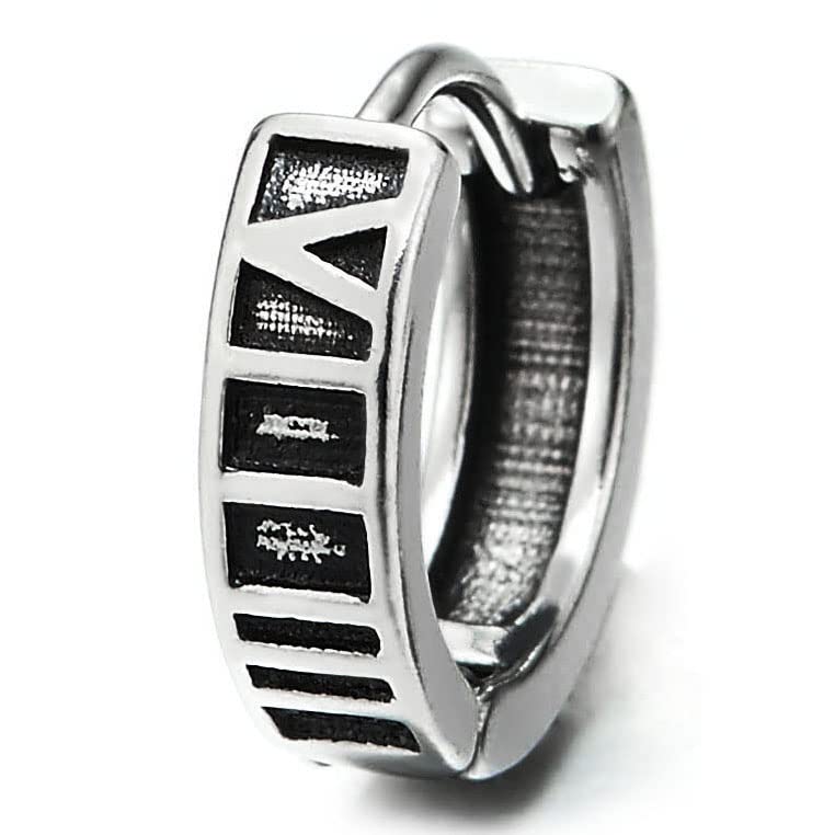 Pair Mens Womens Stainless Steel Grooved Huggie Hinged Hoop Earrings with Roman Numerals - COOLSTEELANDBEYOND Jewelry